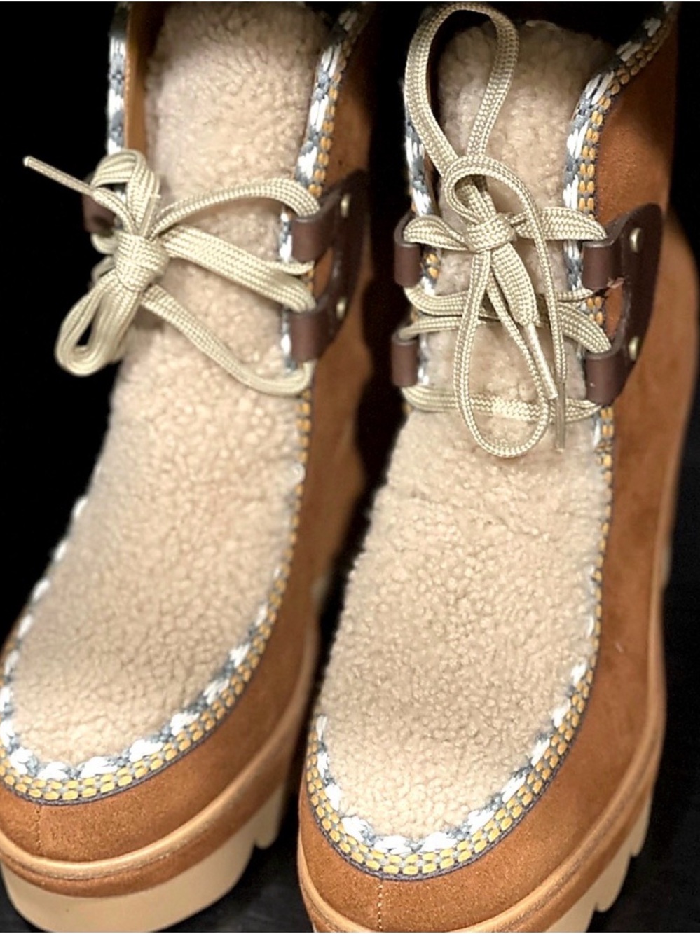 See By Chloé Tan Suede Shearling-Trim Lace-Up Booties